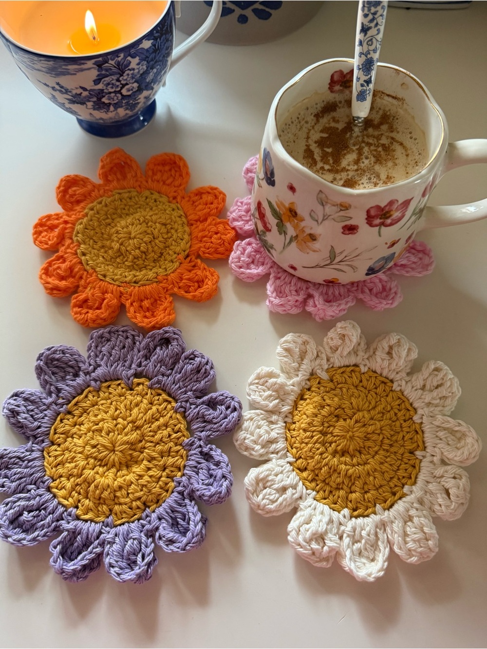 Handmade Crochet Flower Coasters Set of 4 Boho Cottagecor - Picture 2 of 7